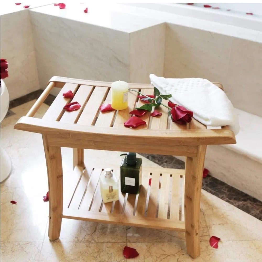Zhuoyue Bamboo Spa Bath Shower Stool & Bench with Storage Shelf, Shower Bath